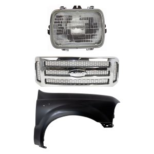 Grille Kit for Ford F-250/F-350 Super Duty 2005-2007, Chrome Shell with Painted Gray Insert, 3-Piece Set with Fenders and Headlight Replacement
