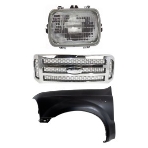3-Piece Chrome Grille Kit with Painted Gray Insert for 2005-2007 Ford F-250 Super Duty/F-350 Super Duty, Includes Fender and Headlight, Replacement