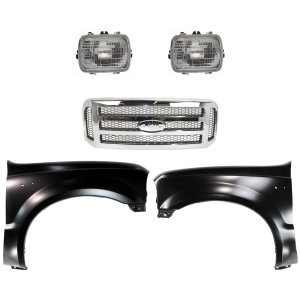 Grille Kit for 2005-2007 Ford F-250/F-350 Super Duty, Chrome Shell with Painted Gray Insert, 5-Piece Set with Fenders and Headlights, Replacement