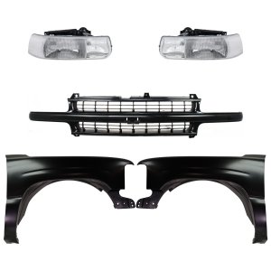 Front Fender Kit for Chevrolet Suburban 1500/2500 (1999-2002), Tahoe (2000-2006), Right (Passenger) and Left (Driver), Primed (Ready to Paint), 5-Piece Set with Grille and Headlights, Replacement