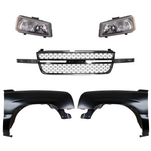 Front Fender Kit for 2003-2007 Chevrolet C/K Full Size Pickup, Primed (Ready to Paint), 5-Piece Set with Right (Passenger) and Left (Driver) Fenders, Grille, Headlights, Replacement