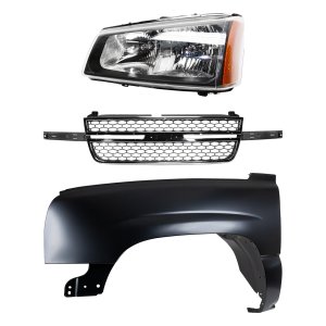 Front Fender Kit for Chevrolet C/K Full Size Pickup 2003-2007, Left (Driver), Primed (Ready to Paint), 3-Piece Set, Includes Grille and Headlight, Replacement