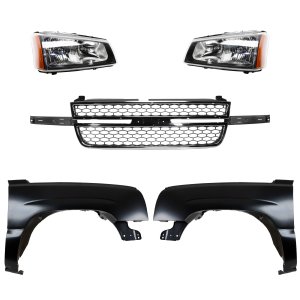 Front Fender Kit for Chevrolet C/K Full Size Pickup 2003-2007, Right (Passenger) and Left (Driver), Primed (Ready to Paint), 5-Piece Kit, With Grille and Headlights Replacement