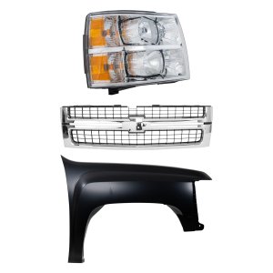 Grille Kit for 2007-2010 Chevrolet Silverado 2500 HD/3500 HD with Cross Bar Insert, Chrome Shell with Textured Black Insert, 3-Piece Kit, includes Fender and Headlight Replacement