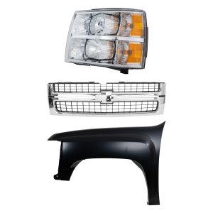 Grille Kit for 2007-2010 Chevrolet Silverado 2500 HD/Silverado 3500 HD, Chrome Shell with Textured Black Insert, 3-Piece Set includes Cross Bar Insert, Fender and Headlight Replacement