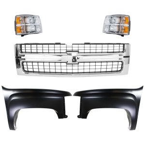 Grille Kit for 2007-2010 Chevrolet Silverado 2500 HD/Silverado 3500 HD, 5-Piece Cross Bar Insert with Chrome Shell, Textured Black Insert, Fenders and Headlights Replacement