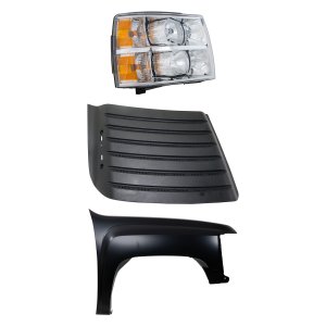 Front Fender for Chevrolet Silverado 2500 HD/3500 HD, 2011-2014, Right (Passenger), Primed (Ready to Paint), 3-Piece Kit with Headlight and Hood Grille Replacement