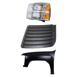 Front Fender Kit for Chevrolet Silverado 2500 HD/3500 HD from 2011-2014, Left (Driver) Side, Primed (Ready to Paint), 3-Piece Kit, Includes Headlight and Hood Grille, Replacement