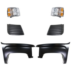 Front Fender Kit for 2011-2014 Chevrolet Silverado 2500 HD/3500 HD, Right (Passenger) & Left (Driver), Primed (Ready to Paint), 6-Piece with Headlights and Hood Grille, Replacement