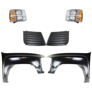 Front Fender Kit for Chevrolet Silverado 2500 HD/3500 HD 2011-2014, Right (Passenger) and Left (Driver), Primed (Ready to Paint), 6-Piece Set, Complete with Headlights and Hood Grille, Replacement