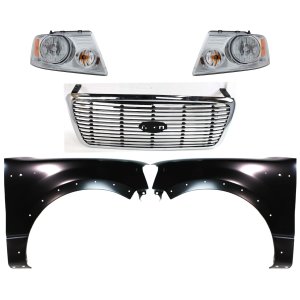 Grille Kit for Ford F-150 2004-2006, Chrome Shell with Black Insert, 5-Piece Kit, Includes Fenders and Headlights, Replacement