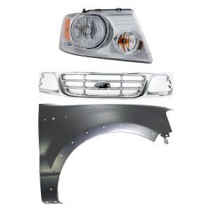 Grille Kit for Ford F-150 2004, Chrome Shell and Insert, 3-Piece Set, with Fender and Headlight Replacement