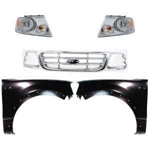 Grille for Ford F-150 2004, Chrome Shell and Insert, 5-Piece Kit with Fenders and Headlights, Replacement