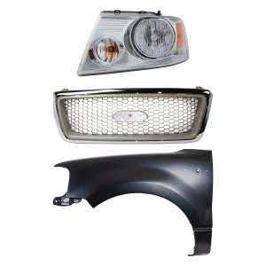 Grille Kit for 2004-2006 Ford F-150, Chrome Shell with Beige Insert, 3-Piece Set, Includes Fender and Headlight, Replacement Parts