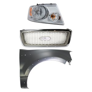 Grille Kit for Ford F-150 2004-2006, Chrome Shell with Beige Insert, 3-Piece Set including Fender and Headlight, Replacement