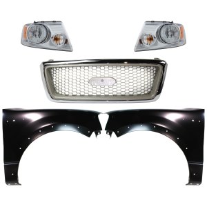 Grille Kit for 2004-2006 Ford F-150, Chrome Shell with Beige Insert, 5-Piece Set, Includes Fenders and Headlights, Replacement