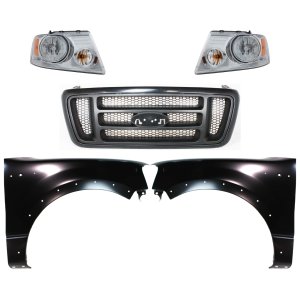 Headlight Assembly Kit for Ford F-150 2004-2006, Right (Passenger) and Left (Driver), Halogen, 5-Piece Set with Fenders and Grille Assembly, Replacement