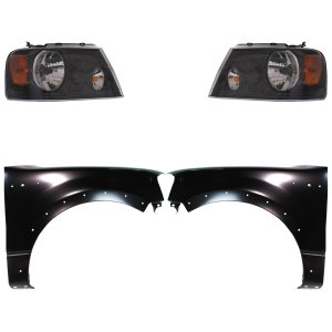 Headlight Assembly for Ford F-150 2004-2006, Right (Passenger) and Left (Driver), Halogen, 4-Piece Kit with Fenders, Replacement