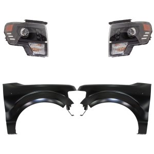 Headlight Assembly Kit for Ford F-150 2013-2014 Right (Passenger) and Left (Driver) LED, 4-Piece Kit, with Fenders Replacement