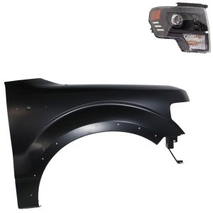 Headlight Assembly Kit for Ford F-150 2013-2014, Right (Passenger) Side, LED, with Fender, 2-Piece Set, Replacement