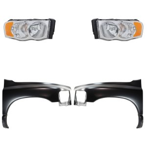 Front Fender for DODGE FULL SIZE PICKUP 2002-2005 Right (Passenger) and Left (Driver), Primed (Ready to Paint), 4-Piece Kit with Headlights, Replacement