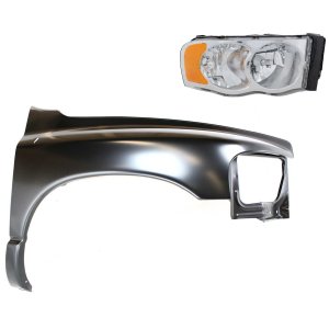 Front Fender for Dodge Full Size Pickup 2002-2005, Right (Passenger) Side, Primed (Ready to Paint), 2-Piece Kit with Headlight, Replacement