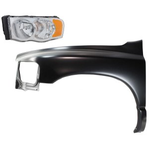 Front Fender for Dodge Full Size Pickup 2002-2005, Left (Driver), Primed (Ready to Paint), 2-Piece Kit with Headlight, Replacement