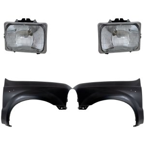 Front Fender Replacement Kit for Ford F-250/F-350/F-450/F-550 Super Duty 1999-2004, Right (Passenger) and Left (Driver), Primed (Ready to Paint), 4-Piece with Headlights