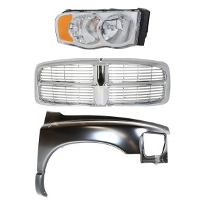 3-Piece Grille Kit for 2002-2005 Dodge Full Size Pickup, Includes Plastic Fender and Headlight, Replacement