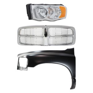 Front Fender Replacement Kit for DODGE FULL SIZE P/U 2002-2005, Left (Driver), 3-Piece, Primed (Ready to Paint), Steel, with Grille and Headlight