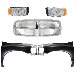 Front Fender for 2002-2005 Dodge Full Size Pickup, Right (Passenger) and Left (Driver), 5-Piece Kit with Grille Assembly and Headlights Replacement