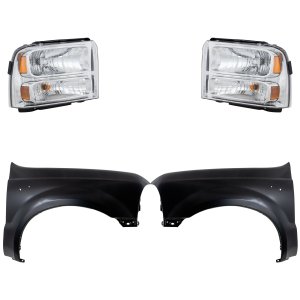 Headlight Assembly for Ford F-250 Super Duty/F-350 Super Duty 2005-2007, Right (Passenger) and Left (Driver), Halogen, 4-Piece Kit, with Fenders Replacement