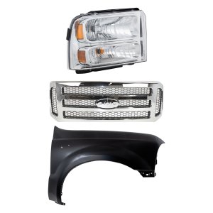 Grille Kit for Ford Excursion 2005, F-250 Super Duty 2005-2007, F-350 Super Duty 2005-2007, Chrome Shell with Painted Gray Insert, 3-Piece set with Fender and Headlight Replacement