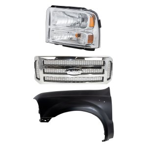 Chrome Grille Shell Kit for 2005 Ford Excursion / 2005-2007 Ford F-250 Super Duty and F-350 Super Duty, Gray Painted Insert, 3-Piece Set with Fender and Headlight Replacement