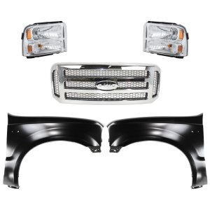 Chrome Shell Grille Kit with Painted Gray Insert for 2005 Ford Excursion / 2005-2007 Ford F-250 Super Duty / Ford F-350 Super Duty, Includes 5-Piece Fenders and Headlights, Replacement