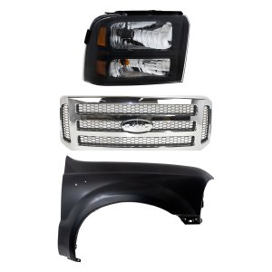 Grille Kit for 2005-2007 Ford F-250 Super Duty / F-350 Super Duty, Chrome Shell with Painted Gray Insert, 3-Piece Set, Includes Fender and Headlight Replacement
