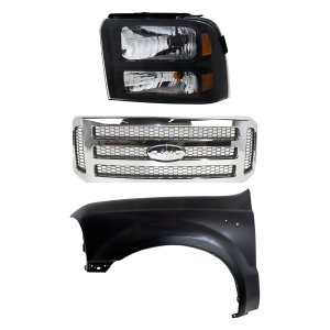 3-Piece Grille Kit for 2005-2007 Ford F-250 Super Duty/F-350 Super Duty, Chrome Shell with Painted Gray Insert, Replacement Kit with Fender and Headlight