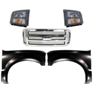Grille Kit for Ford F-250/F-350 Super Duty 2005-2007, Chrome Shell with Painted Gray Insert, 5-Piece Set with Fenders and Headlights, Replacement