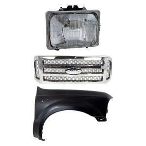 3-Piece Kit Grille for Ford F-250/F-350 Super Duty 2005-2007, Chrome Shell with Painted Gray Insert, with Fender and Headlight Replacement