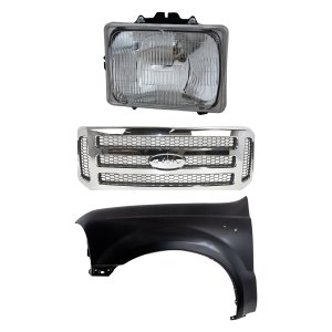 3-Piece Grille Kit for 2005-2007 Ford F-250 Super Duty/F-350 Super Duty, Chrome Shell with Painted Gray Insert, Includes Fender and Headlight Replacement