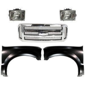 Grille Kit for 2005-2007 Ford F-250 Super Duty/F-350 Super Duty, Chrome Shell with Painted Gray Insert, 5-Piece Set, Includes Fenders and Headlights, Replacement