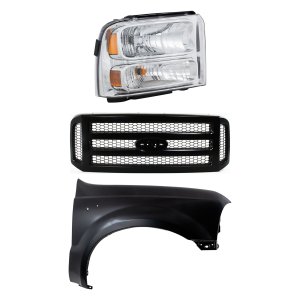 Headlight Assembly Kit for 2005-2007 Ford F-250 Super Duty/F-350 Super Duty, Right (Passenger) Side, Halogen, 3-Piece Set with Fender and Grille Assembly, Replacement