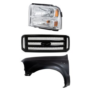 Headlight Assembly Kit for 2005-2007 Ford F-250/F-350 Super Duty, Left (Driver) Side, Halogen, 3-Piece Set, Includes Fender and Grille Assembly, Replacement