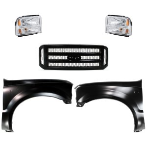 Headlight Assembly Kit for 2005-2007 FORD F-250 SUPER DUTY/F-350 SUPER DUTY, Right (Passenger) and Left (Driver), Halogen, 5-Piece Kit with Fenders and Grille Assembly, Replacement