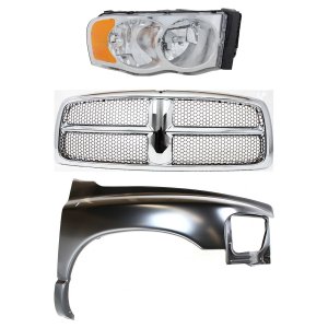 3-Piece Grille Kit for Dodge Full Size Pickup 2002-2005, Plastic, with Fender and Headlight Replacement
