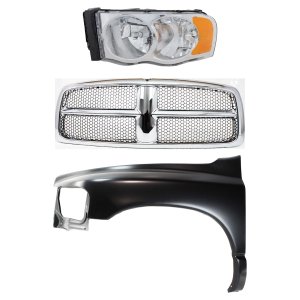 Front Fender Kit for Dodge Full Size Pickup 2002-2005, Left (Driver), 3-Piece Primed (Ready to Paint) Steel, with Grille and Headlight Replacement