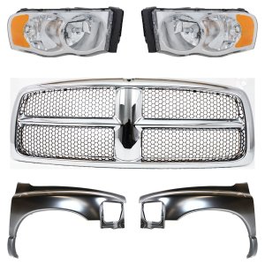Front Fender Kit for Dodge Full Size Pickup 2002-2005 with Right (Passenger) and Left (Driver) Sides, 5-Piece Set, includes Grille Assembly and Headlights, Replacement