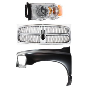 Front Fender 3-Piece Kit for 2002-2005 Dodge Full Size Pickup, Left (Driver), Primed (Ready to Paint), Steel, Includes Grille and Headlight, Replacement