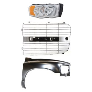 Front Fender for DODGE Full Size Pickup 2002-2005 Right (Passenger), 3-Piece Kit, Primed (Ready to Paint), Steel, with Grille Insert and Headlight Replacement