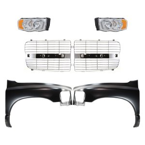 Front Fender Kit for 2002-2005 Dodge Full Size Pickup with Right (Passenger) and Left (Driver) Sides, 6-Piece Set, Includes Grille Inserts and Headlights, Replacement